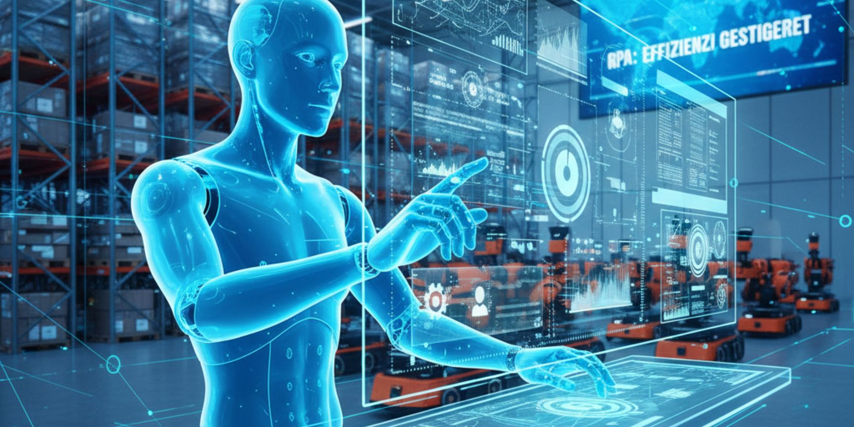A futuristic, transparent humanoid robot (RPA bot) interacts with a floating, glowing user interface full of graphs and data in a modern logistics warehouse with high-bay warehouses and autonomous transport robots (AMRs) in the background. On a large screen in the background is written 'RPA: EFFICIENCY INCREASED'. The image symbolizes the digital transformation and process automation in warehouse logistics